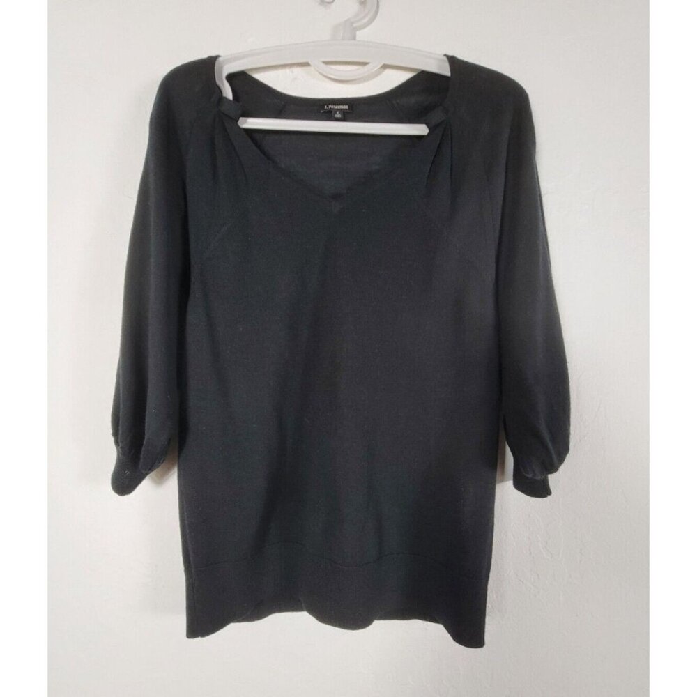 J. Peterman Womens Black Extra Fine Merino Wool V-Neck Sweater Small 3/4 Sleeve